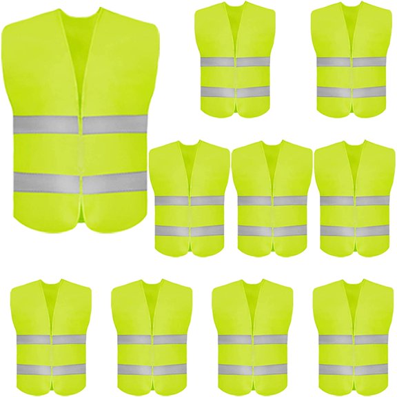 10 Pack High Visibility Safety Vest for Traffic Work, Running, Surveyor and Security Guard - Construction with 2 Reflective Strips, Made from Breathable Neon Yellow Mesh Fabric