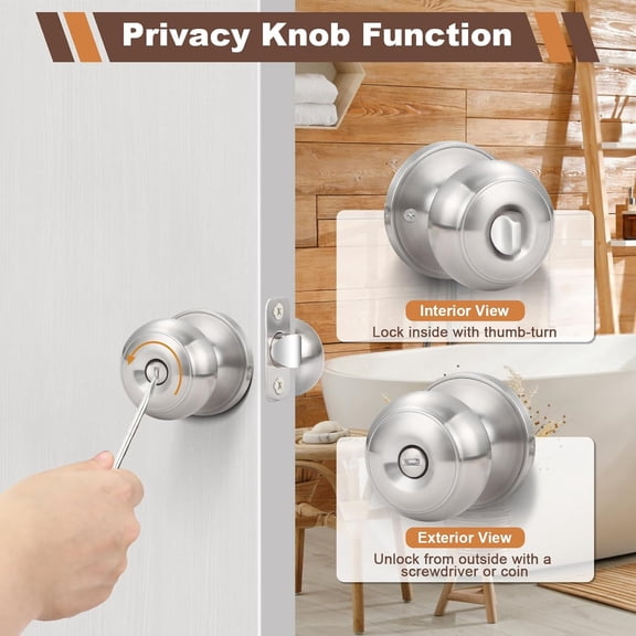 10 Pack Home Improvement Bed/Bath Room Door Knobs, Brushed Nickel Privacy Door Handle with Lock Silver Knobs with Lock for Bathroom Bedroom, Interior Doors Locksets