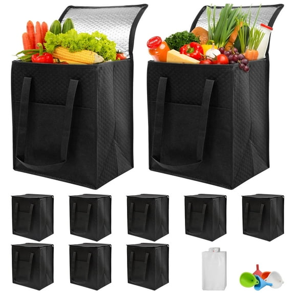 Sentryse 10-pack Insulated Reusable Grocery Bag with Zippered Top, Large Insulated Shopping Bags for Groceries, Travel, Picnic
