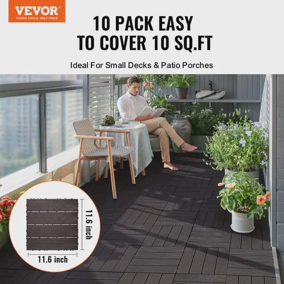 10 Pack Interlocking Deck Tiles  12"x12" Dark Brown, Plastic Waterproof Outdoor Flooring All Weather Use, Patio Covering Tiles for Porch, Poolside, Balcony & Backyard