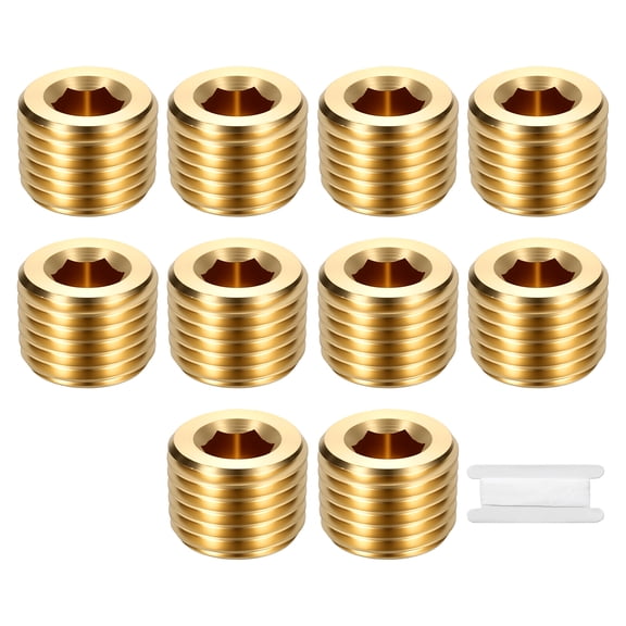 10 Pack Internal Hex Head Socket Pipe Plug Fitting, 1/4" NPT Male Threaded End Cap, Brass Internal Hex Thread Pipe Fittings with Tape for Water Pump, Engine, Industrial Piping
