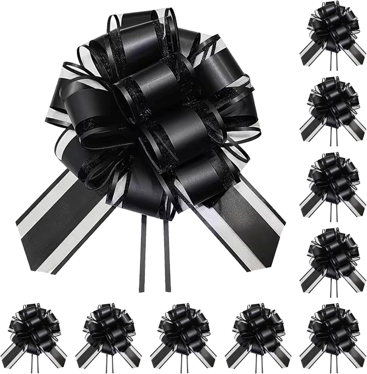 10-Pack Jet Black Pull Bows for Gift Wrapping - 6 Inch Reusable Ribbon Bows, Large Instant Floral Decor Bow Wedding, Christmas, Birthday Decor, Basket & Party Decorations