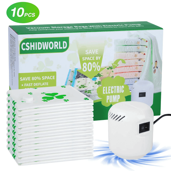 CshidWorld 10 Pack Jumbo Vacuum Storage Bags, Vacuum Sealer Bags with Electric Pump for Comforters, Blankets, Bedding, Clothing, Compression Seal Bags for Closet Storage