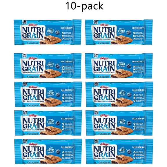 10 Pack Kellogg's Kids Nutri-Grain Blueberry Flavors Snacks Bars Made with Whole Grain and Real Fruit, 1.3 Oz Each