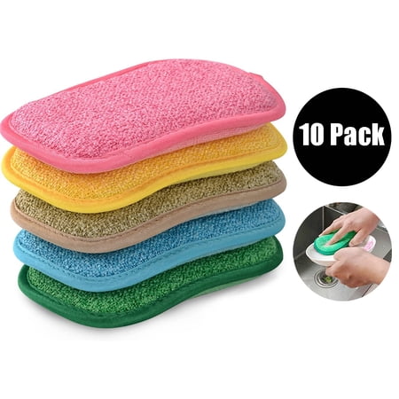 10 Pack Kitchen Scrub Sponges, Dual-Sided Reusable Scouring Pads Non-Scratch Microfiber Sponge, Random Color
