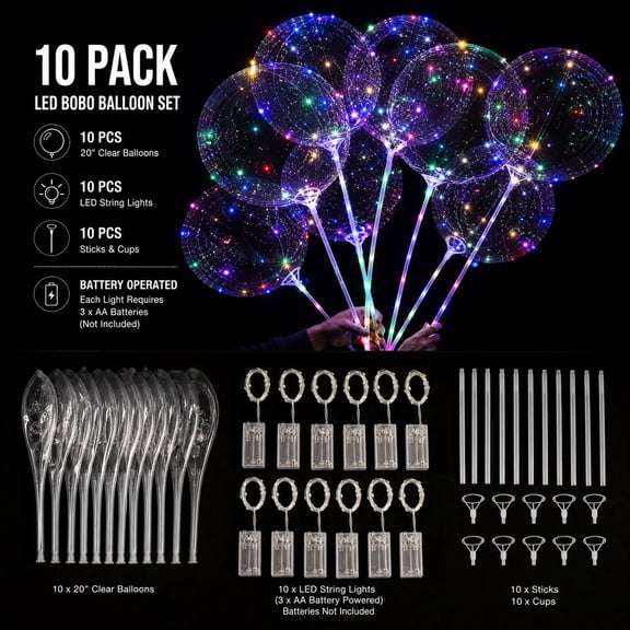 10 Pack LED Light-Up Balloons Set, 20 inch Glow Balloons with 118 inch Fairy String Lights and Handheld Holder, Battery Box Included, No Batteries, Multicolor Party Decorations for Weddings Birthdays