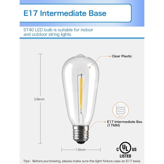 10 Pack LED String Light Bulbs, 0.6 Watt Shatterproof Dimmable Replacement Bulbs ST40 E17 Clear Plastic Light Bulbs for Outdoor Patio String Lights, E17/C9 Intermediate Screw Base Bulb, Warm White
