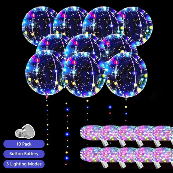 10 Pack LED ballons, 3 Mode 20 inch Light Up Colorful Bobo Balloons with String Lights for Christmas Valentines Day(Batteries Included)