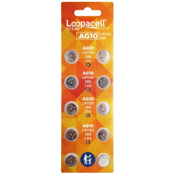 10 Pack LOOPACELL AG10 Alkaline Watch Batteries - LR1130, SR1130W, 389, 189