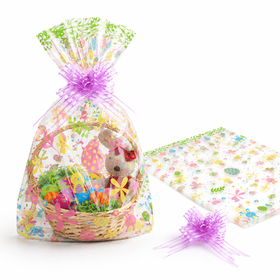 10 Pack Large 22x32 Inch Easter Cellophane Gift Bags with Pull Bows