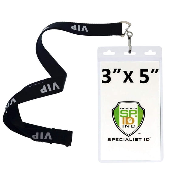 10 Pack - Large 3x5 Inch Large Clear Vertical Badge and Credential Holders with Lanyards for VIP Badges by Specialist ID (Black VIP)