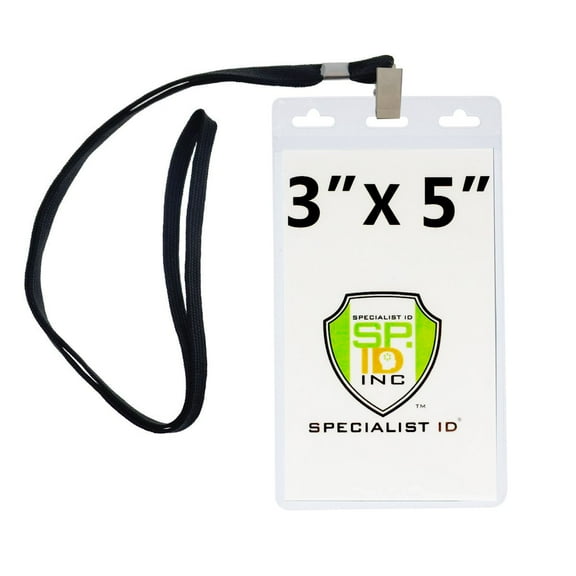10 Pack - Large 3x5 Inch Large Clear Vertical Badge and Credential Holders with Lanyards for VIP Badges by Specialist ID (Black)