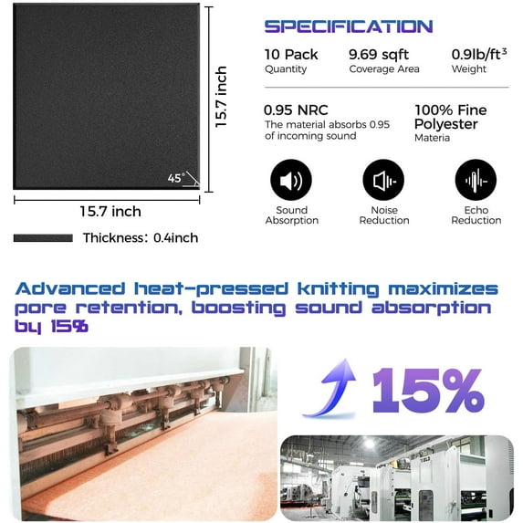 10 Pack Large -Adhesive Soundproof Wall Panels, 15. x 15. x 0.4 in Black Acoustic Foam for Noise Reduction