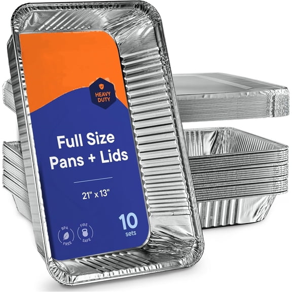 10-Pack Large Aluminum Steam Pans with Lids - 21x13, Heavy Duty for Roasting, Cooking, Warming Food,Silver