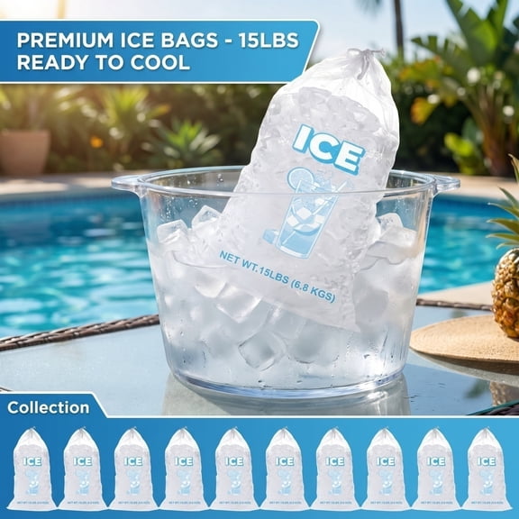 10-Pack Large Capacity Ice Bags, 24.0 x 14.0 Inch, Thick Plastic Drawstring Freezer Bags, Reusable Ice Cube Storage Bags(Clear)
