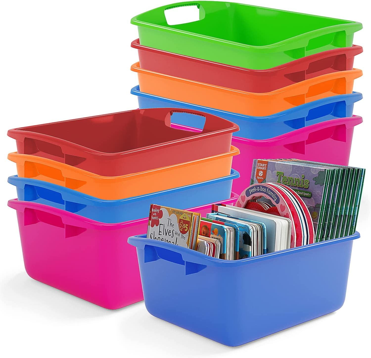 10 Pack Large Plastic Book Bins For Classroom Library, Cubby Shelf Storage Organizer Box With