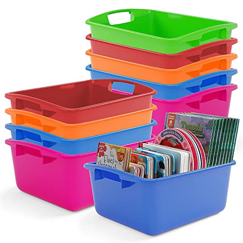 10 Pack Large Plastic Book Bins for Classroom Library, Cubby Shelf