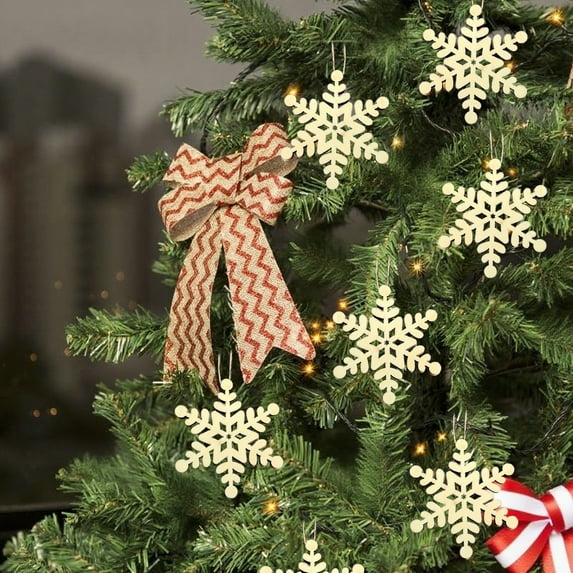 10 Pack Large Wooden Snowflake Ornaments for Christmas Tree with String, Natural DIY Laser-Cut Craft for Holiday Decor, Mantel, Stocking