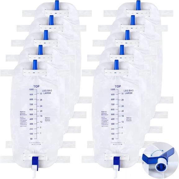 10 Pack Latex-Free 1000ml Urinary Leg Drainage Bags with Anti-Reflux Valve, Large Capacity Catheter Collection Pouches with Adjustable Cloth Straps & Flip Drain Outlet, Disposable Incontinence Suppli
