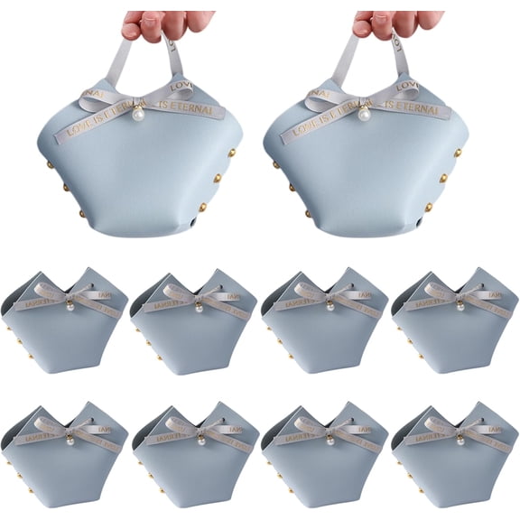 10 Pack Leather Bowknot Gift Boxes: Party Favor Bag Candy Gift Party Favor Boxes, Mini Gift Bags with Handles, Reusable Gift Bag for Baby Showers Wedding Christmas Party Valentines's Day (Blue)