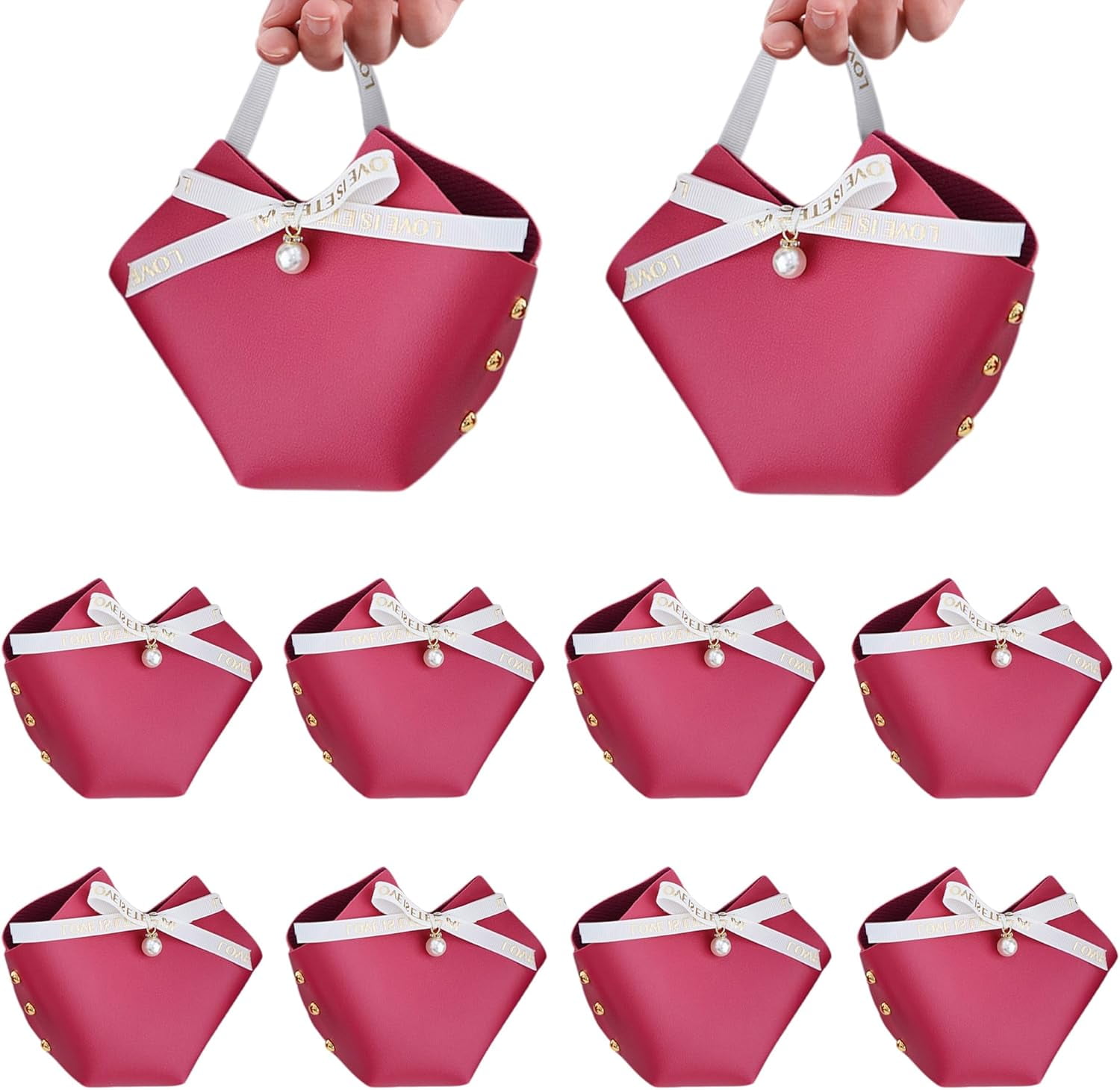 10 Pack Leather Bowknot Gift Boxes: Party Favor Bag Candy Gift Party Favor Boxes, Mini Gift Bags with Handles, Reusable Gift Bag for Baby Showers Wedding Christmas Party Valentines's Day (Rose Red)