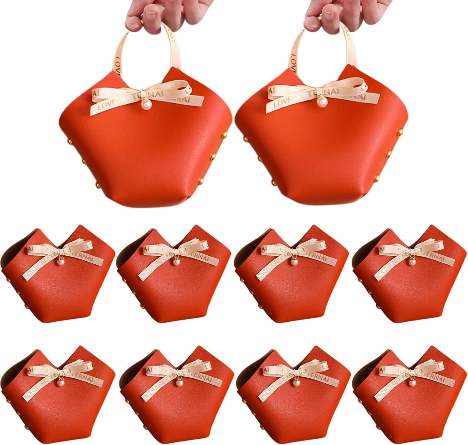 10 Pack Leather Bowknot Gift Boxes: Party Favor Bag Candy Gift Party Favor Boxes, Mini Gift Bags with Handles, Reusable Gift Bag for Baby Showers Wedding Christmas Party Valentines's Day (Orange)