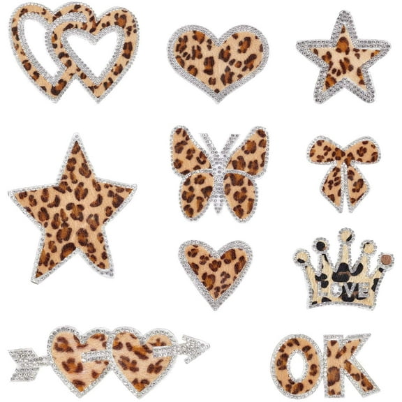 10 Pack Leopard Rhinestone Patches Delicate Embroidered Patches with Different Shapes,Iron On Patches for Clothes, Dress, Hat,Jackets,Jeans, DIY Accessories
