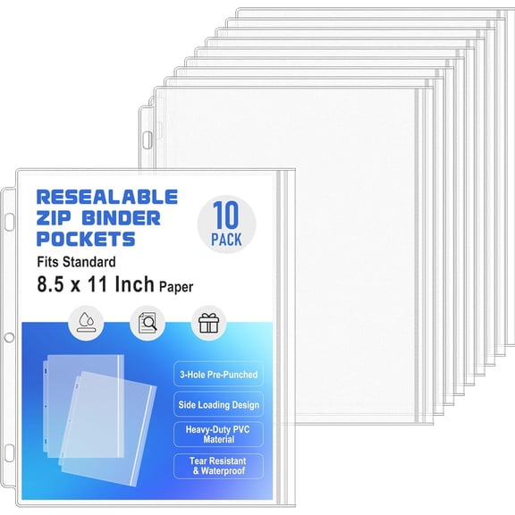 10 Pack Letter Size Binder Pockets 3 Ring Zipper Pouch, 3-Hole Waterproof Resealable Zip Loose Leaf Insert Bags PVC Document Organizer Folders Page Sheet Protectors for 8.5x11 Paper
