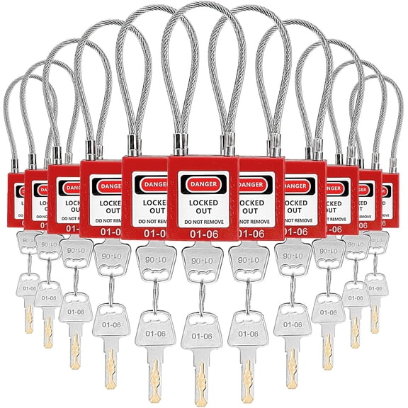 10 Pack Lockout Tagout Locks, Steel Cable Compact Loto Safe Padlock Set, Red Keyed Lock with 20 Keys, Different Numbers Safety Locks for Electrical Stations and Devices Kits$$