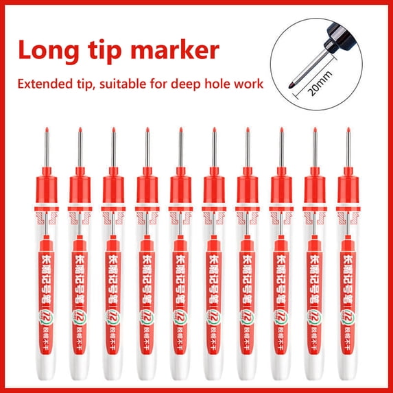 10 Pack Long Tip Permanent Marker Pens for Drilling, Carpenter Marking Pens, Construction Hole Marker, 4 Color 3ml Ink for Wood, Metal, and Plastic, Red