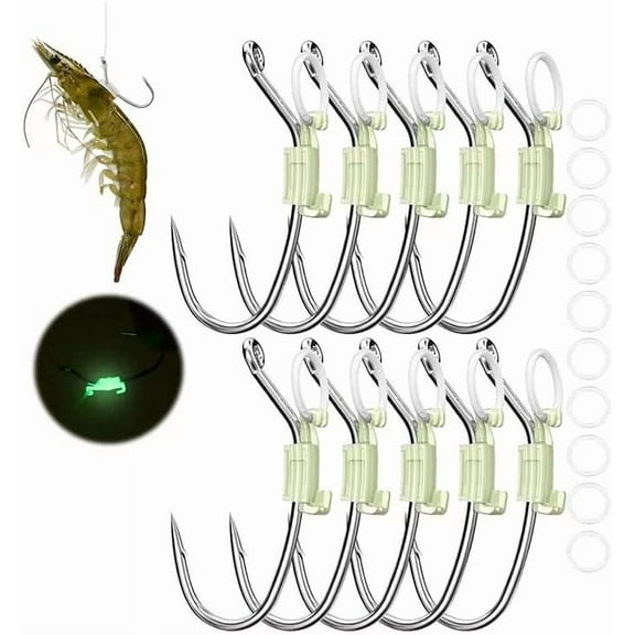 10 Pack Luminous Live Shrimp Hooks - Carbon Steel Barbed Saltwater/Freshwater Fishing Hooks with Holes, Glow in Dark
