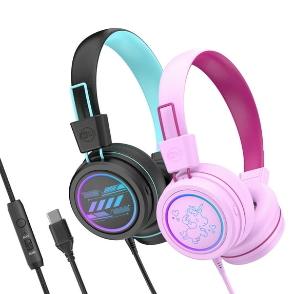 2 Pack Multicolor MEE audio KidJamz KJ55 Safe Listening USB-C Kids Headphones with LED Lights for Boys and Girls / Students / School / Library / Classroom