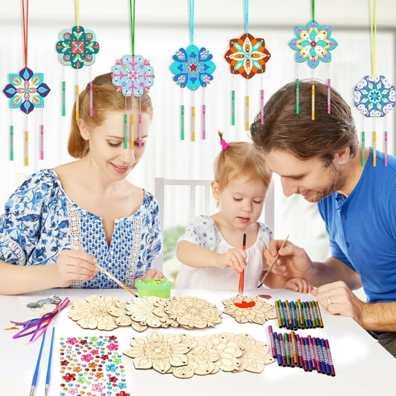 10 Pack Mandala Wind Chime Kit for Kids, Make Your Own Mandala Wind Chime Kit DIY Blank Wooden Crafts to Paint for Kids Party Decoration