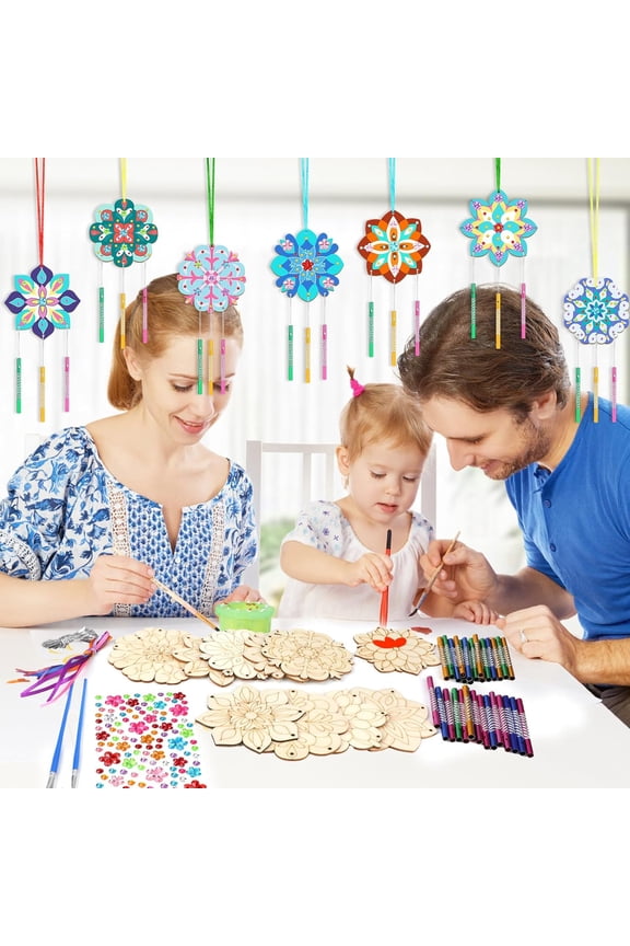 10 Pack Mandala Wind Chime Kit for Kids, Make Your Own Mandala Wind Chime Kit DIY Blank Wooden Crafts to Paint for Kids Party Decoration