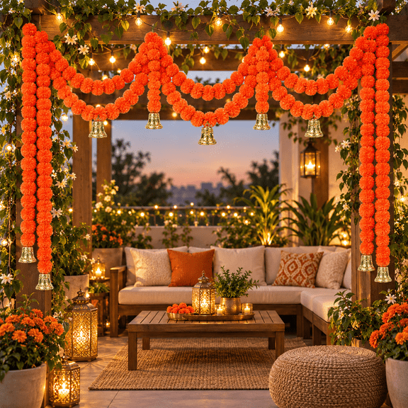 Gamexcel 10 Pack Marigold Flower Garland with Bells 5 Feet Long Strands faux Indian Decorations Orange for Pooja,Wedding,Christmas,Events,Diwali