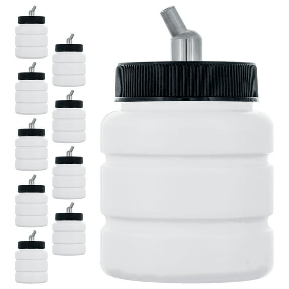 Master Airbrush (Pack of 10) TB-006 Empty 2.7oz (80cc) Plastic Jar Bottles with 30° Down Angle Adaptor Lid Assembly - Fits Dual-Action Siphon Feed Airbrushes, Use with Master, Badger Paasche Iwata