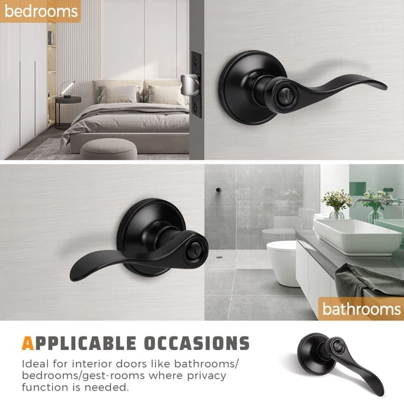 10 Pack Matte Black Privacy Door Lever Handles, Round Interior Door Knobs with Lock, Reversible for Left/Right Doors, Bedroom Bathroom