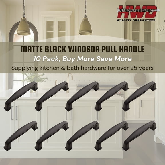 10 Pack Matte Black Pull Handle *Windsor* Kitchen Cabinet Hardware Knob Modern
