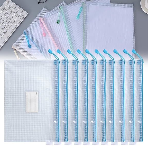 10 Pack Mesh Zipper Pouch A4 Plastic File Bag with Label Pocket for Document Storage Office Organization J