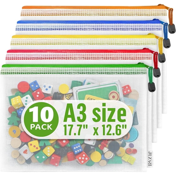 10 Pack Mesh Zipper Pouch Bags A3-12x18 - Plastic Zipper Pouches for Organizing - Board Game Organizers - Large Zippered Pouch Bag - Mesh Pouches with Zippered - Board Game Bags - Puzzle Storage