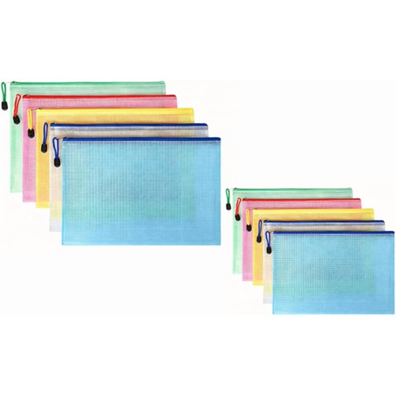 10 Pack Mesh Zipper Pouch Bags, A4 + A5 Size Plastic Waterproof Semi-Transparent File Bags for Office School Home Travel Classroom Organizing Files