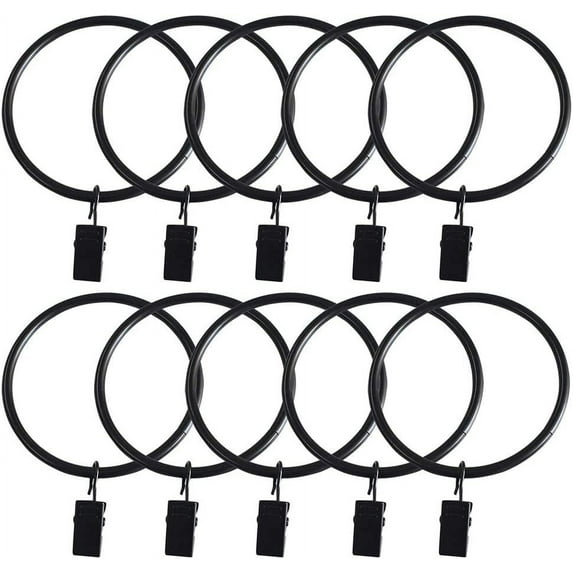 10 Pack Metal Curtain Rings with Clips Drapery Decorative Rustproof for Window Shower Room Black Color(ID 1.5 Inch,38 mm)