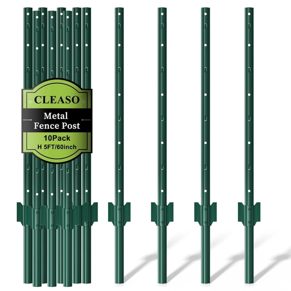CLEASO 10 Pack 5 FT Green Metal Fence Posts, Heavy Duty U-Post Fence Stakes, Rustproof Powder-Coated Steel for Wire Fencing, Farm, Yard, Garden and Chicken Coop