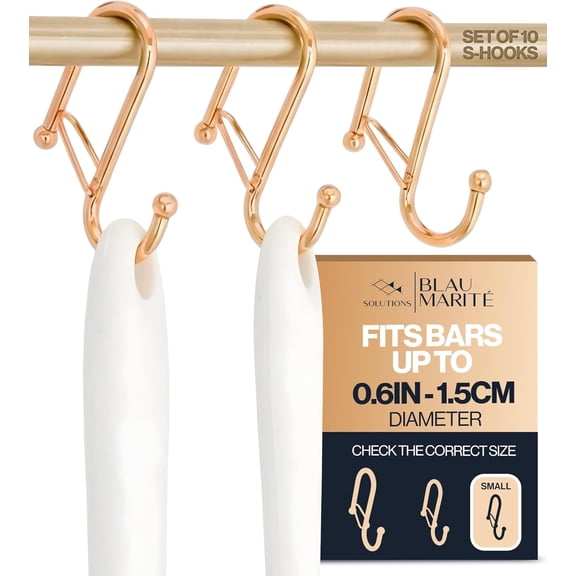 10-Pack Metal S Hooks for Hanging Heavy-Duty S-Shaped Hooks with Safety Buckle Fits Bars up to 0.6 In Anti-Drop Hook for Kitchen, Pot Racks & Towel Bars Gold (Small)