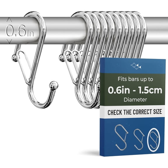 10-Pack Metal S Hooks for Hanging Heavy-Duty S-Shaped Hooks with Safety Buckle Fits Bars up to 0.6 In Anti-Drop Hook for Kitchen, Pot Racks & Towel Bars Silver (Small)