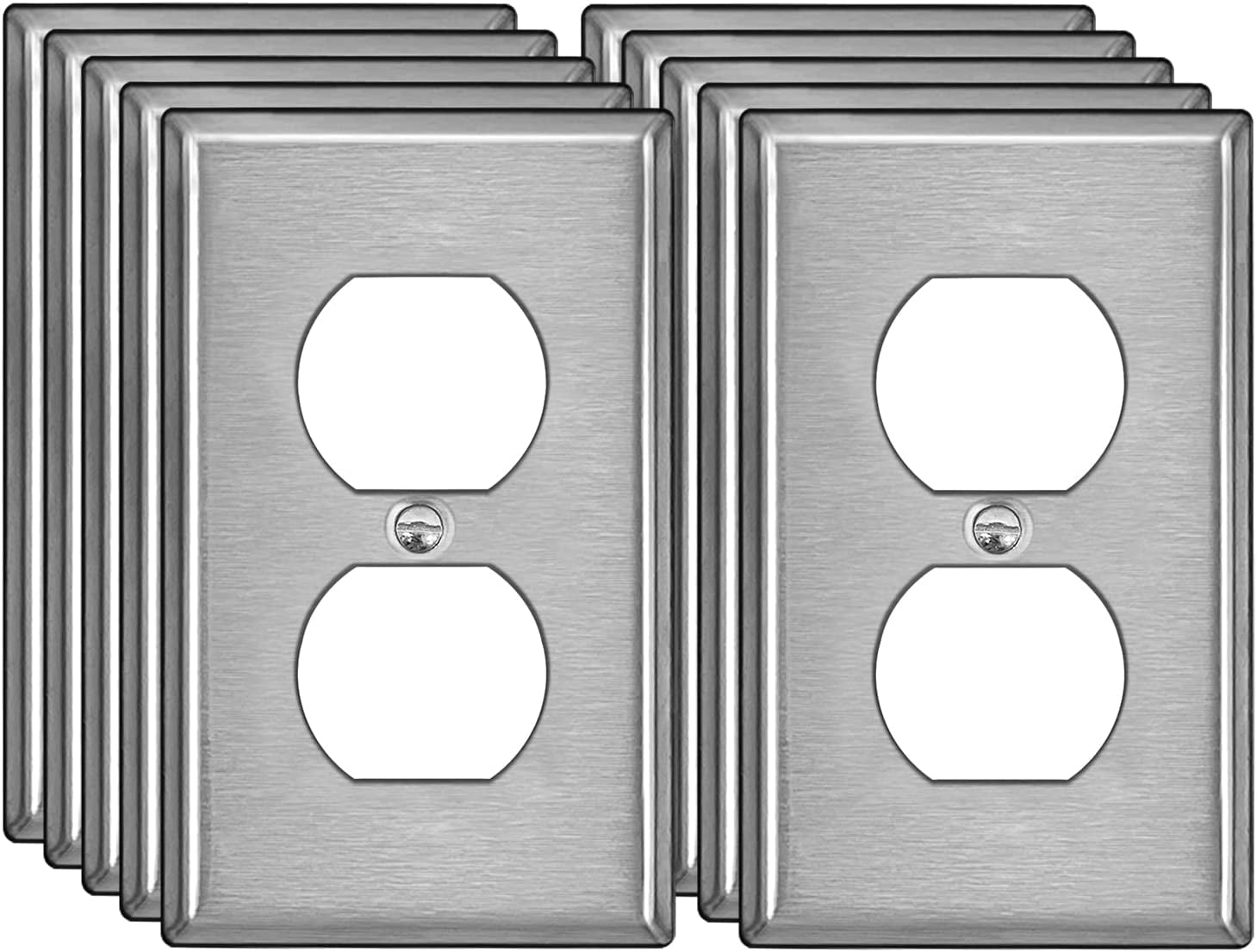 10 Pack Metal Wall Plate with White or Clear Protective Film, Stainless Steel Outlet Cover, Durable, Corrosion Resistant, Industrial Grade Metal Material, Brushed Finish, Standard Size, Silver