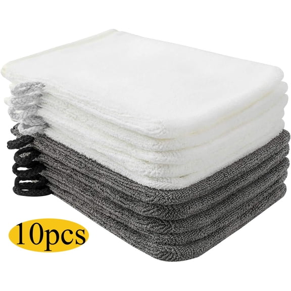 10 Pack Microfiber Body Wash Mitts, Soft Face Mitten, Bath Spa Cloth, Reusable Makeup Remover Mitt Gloves, European Style Wash Cloth, 68 inch, White and Grey