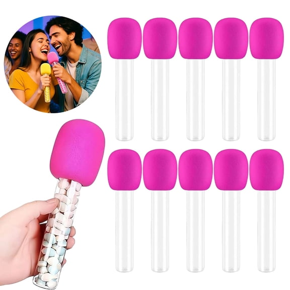 10 Pack Microphone Candy Tubes, Plastic Test Tube Containers with Sponge Covers, Singing Prop and Party Favors for Music Themed Birthdays and Events, 18.5x3 cm (Hot Pink)