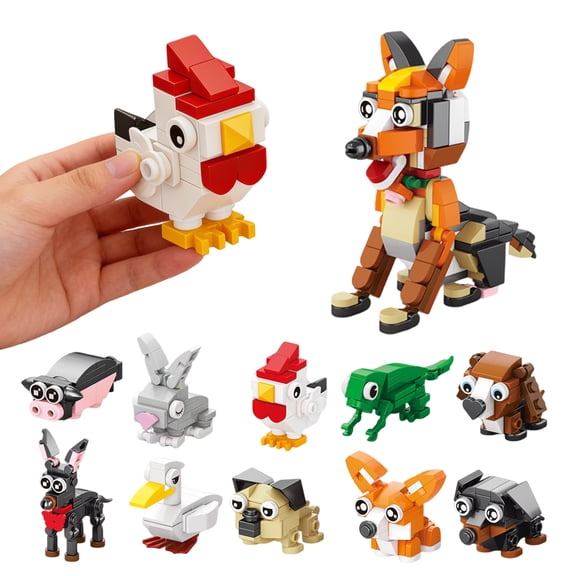 10-Pack Mini Animal Building Block Set, 3D Dog Figurines, Farm Hen Bunny and Lizard Small Model Kits, 10-Piece Bundle