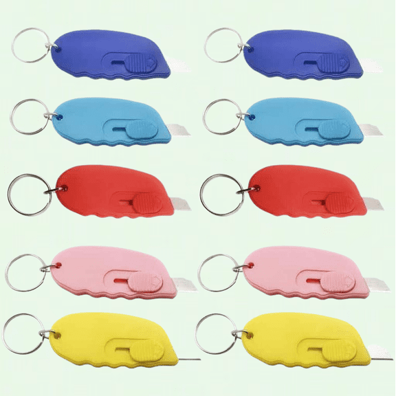 10 Pack Mini Box Cutter, Portable Retractable Blade Utility Knives with Keychain, Assorted Colors